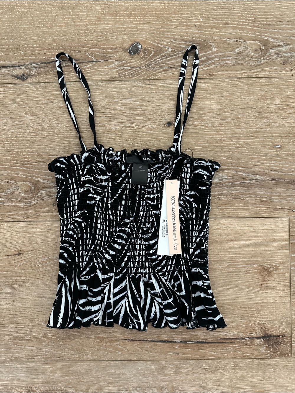 Black & White Linen Boho Smocked Top NWT
